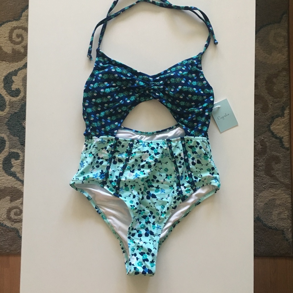 NWT Cupshe Navy/Aqua Floral One-Piece Halter